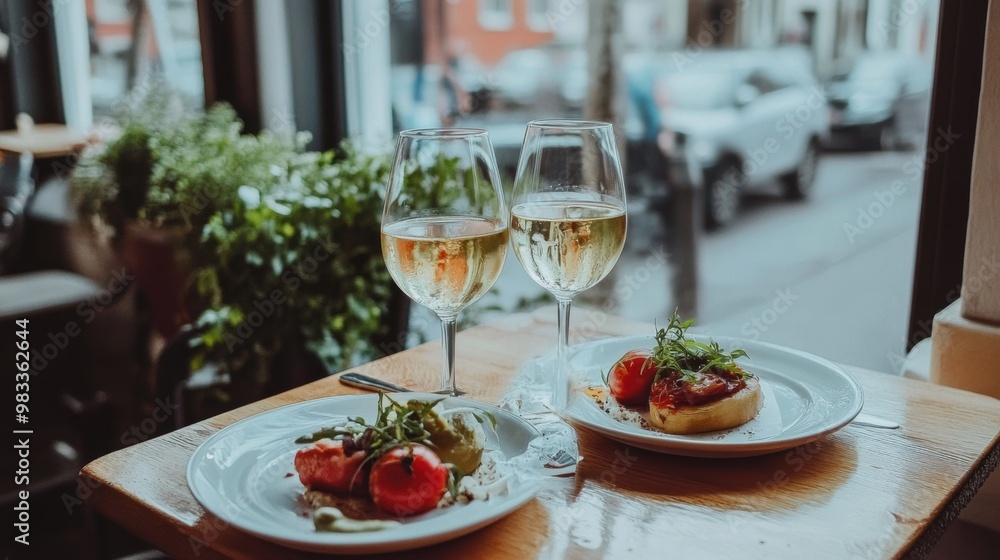 Canvas Prints A table with two plates of food and two glasses of wine