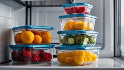 Various colorful fruits and vegetables stored in transparent containers inside a well-organized refrigerator.