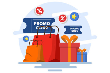 using promo code on online shopping payment, Discount code, Gift voucher, Gift card, Bonus, Promotional campaign. flat vector illustration for web banner, website design, social media.