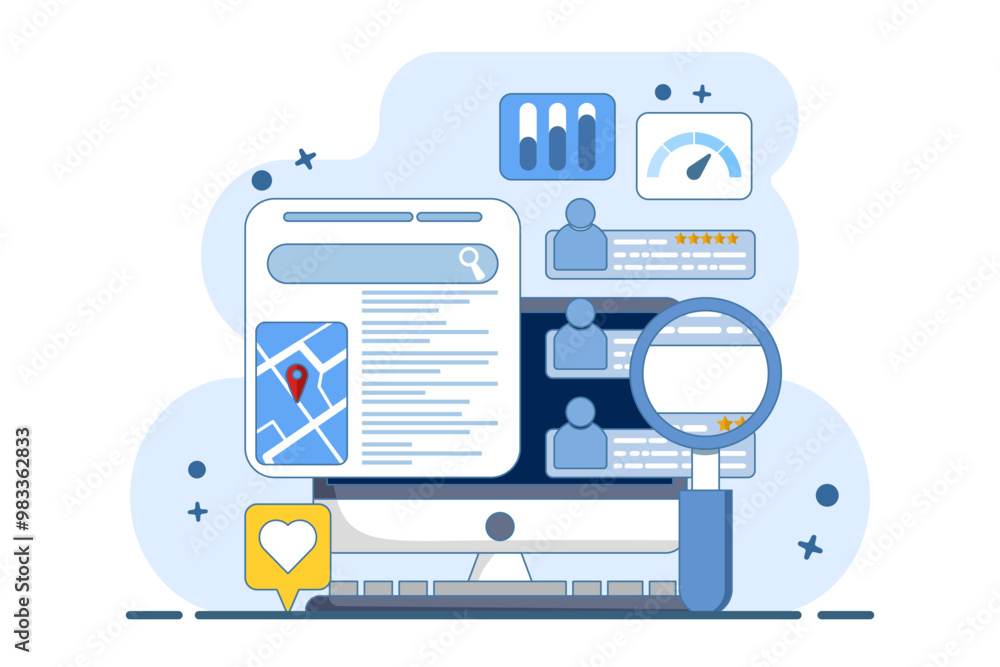 Poster seo map optimization concept, business appears on search engine results page with location and custo