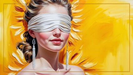 Portrait of a young woman with a blindfold on yellow background with copy space