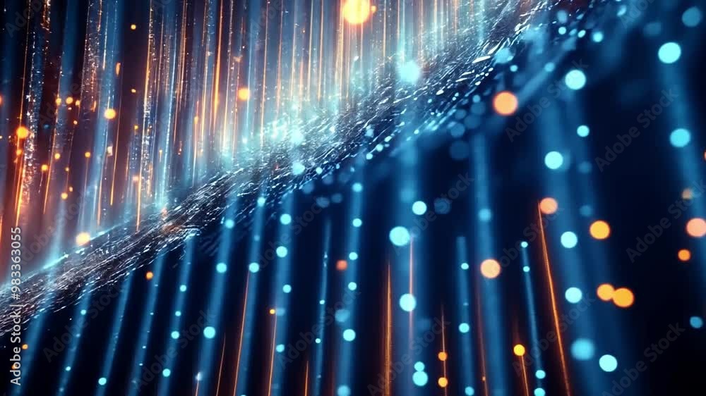 Poster colorful digital light particles cascading in a glowing pattern, creating a vibrant abstract backgro