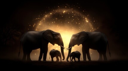 A captivating silhouette of elephants against a luminous background, conveying themes of family and connection, Ideal for nature conservation projects, educational materials