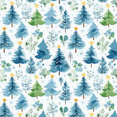 A Beautiful Watercolor Christmas Tree Pattern Featuring Stars, Leaves and Nature Elements