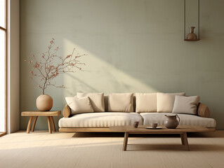 Japandi rustic minimalist, wabi sabi style simple interior living room. Neutral couch against sage green wall with shelf and decor