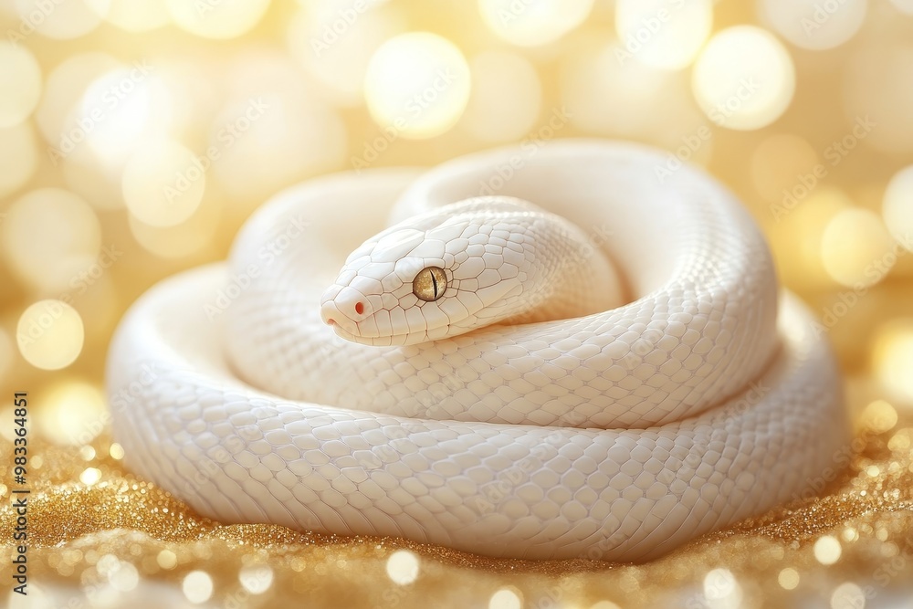 Poster White Python Coiled on Gold Studio Portrait of a Serene Reptile with Sparkling Bokeh