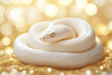 Fototapeta premium White Python Coiled on Gold Studio Portrait of a Serene Reptile with Sparkling Bokeh