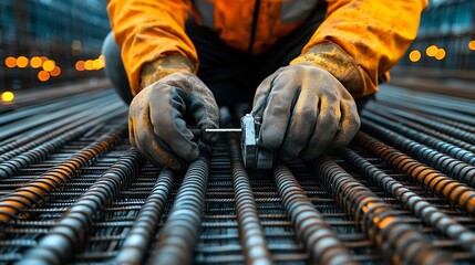 Close-up of a construction worker’s hands using a specialized tool to tie steel rebar in place