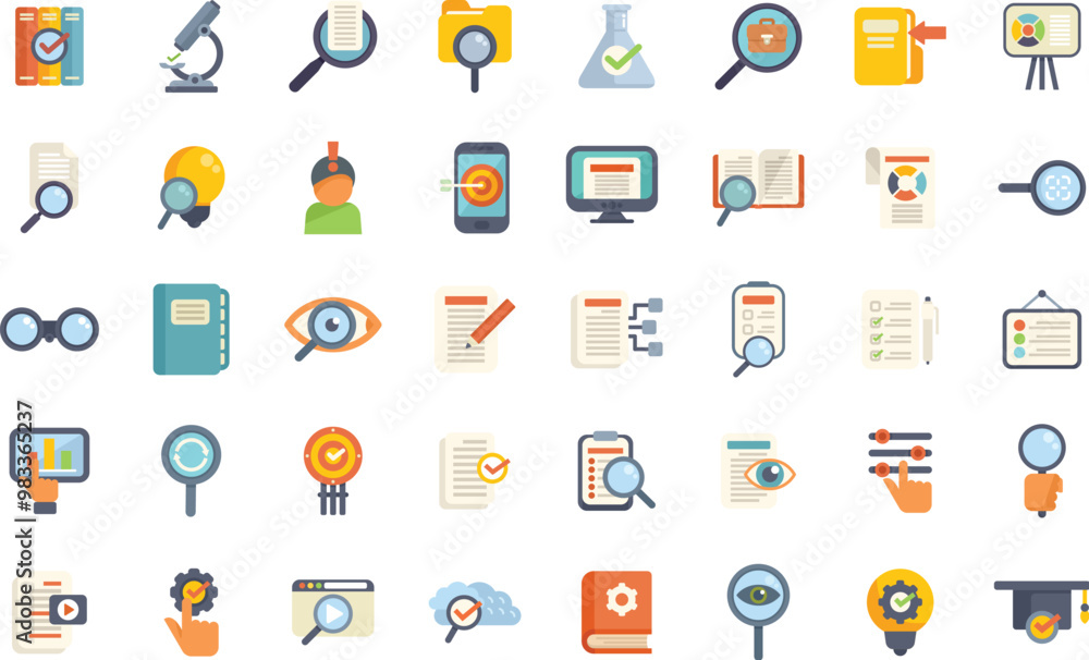Wall mural set of flat icons representing searching and researching information using magnifying glass, books, 