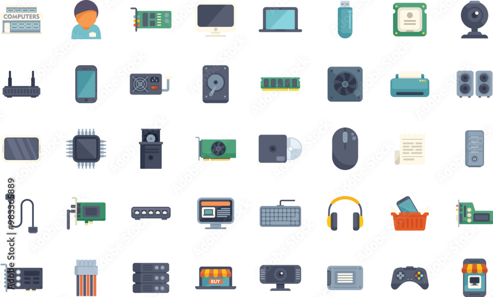 Poster computer hardware and software icons showing the modern technology used by a computer technician for