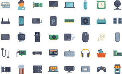 Computer hardware and software icons showing the modern technology used by a computer technician for work and leisure