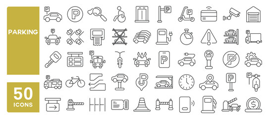 Set of 50 line icons related to parking, barrier, lot, basement, ticket, car, bike, garage, servant, lift, security, valet, Editable stroke. Vector illustration