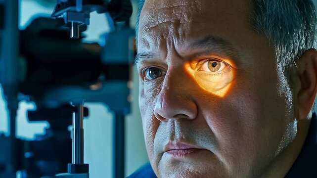 Elderly Asian man having an eye exam, facing specialized equipment at a clinic. The doctor uses a bright light to inspect his eye. He looks focused and serious during the early afternoon.