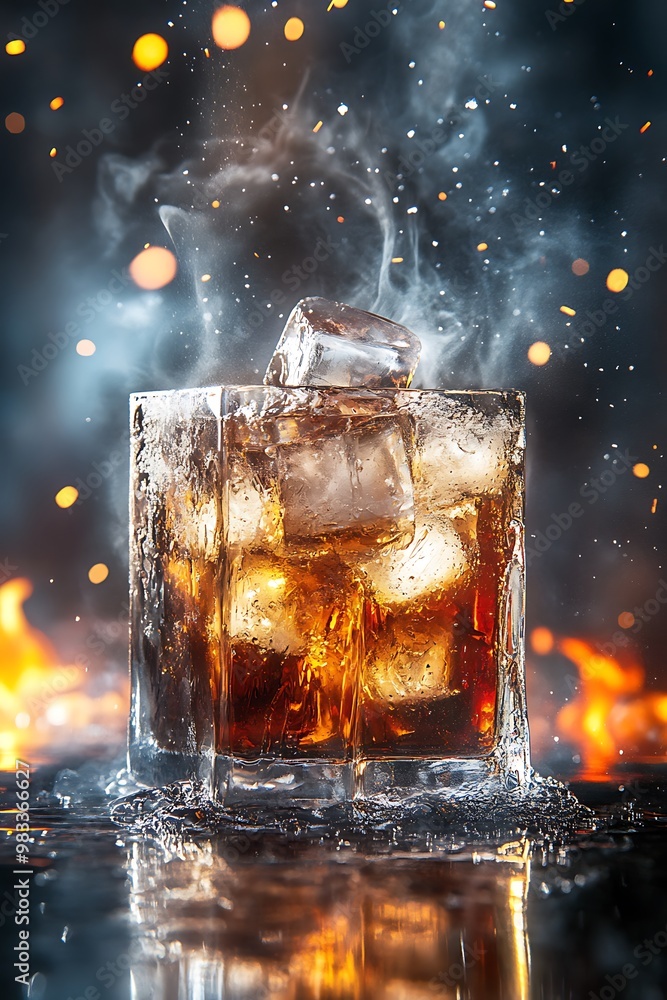 Poster close up of whiskey with ice cubes and steam in square glass on a black background with warm bokeh l