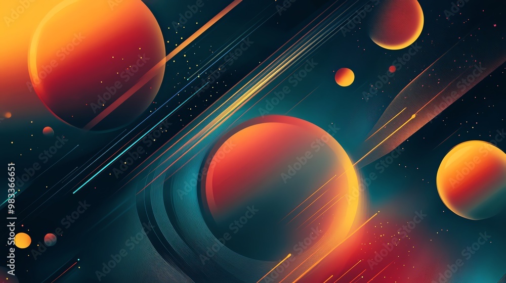 Poster abstract colorful background with planets and streaks of light.