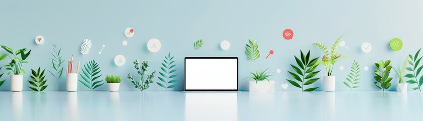 A serene workspace featuring a laptop surrounded by vibrant plants and flowers, combining technology with nature for a fresh, modern aesthetic.