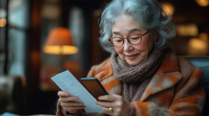 Elderly woman reading a letter while using smartphone in cozy indoor setting, warm lighting

