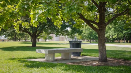 Obraz premium A photo of a concrete bench in a park. The bench is situated near a tree, with lush green leaves. There's a path leading to the bench. The background contains other benches and trees. 