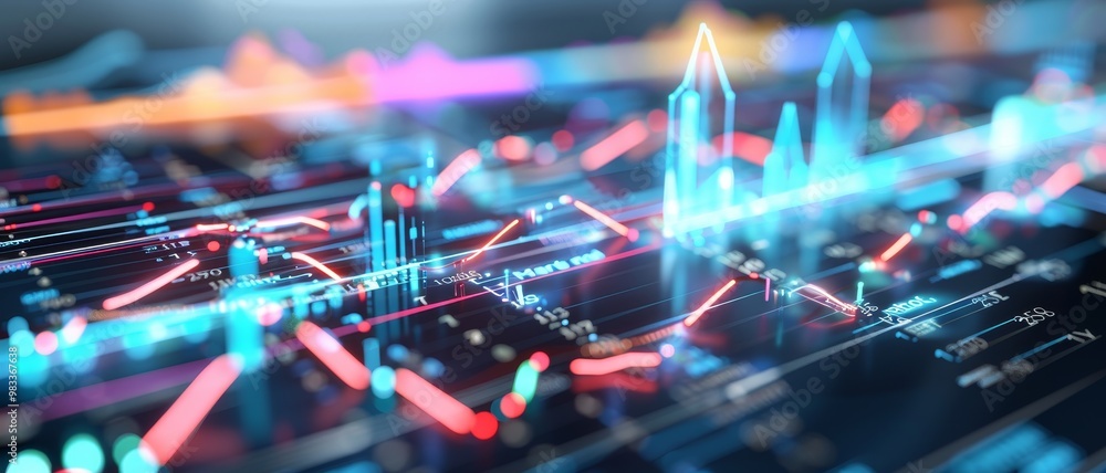 Poster a vibrant digital landscape showcasing glowing data patterns, representing advanced technology and a