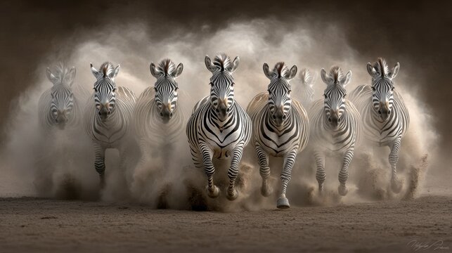 A stunning capture of a herd of zebras galloping through a dusty landscape, showcasing their striking black and white stripes, Ideal for wildlife publications, educational materials