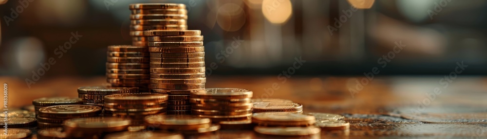 Poster a close-up image of a stack of shiny gold coins placed on a wooden surface, creating a rich and invi