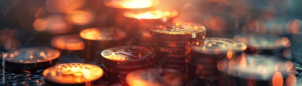Poster a close-up of shimmering coins reflecting light, creating an intriguing blend of colors and textures