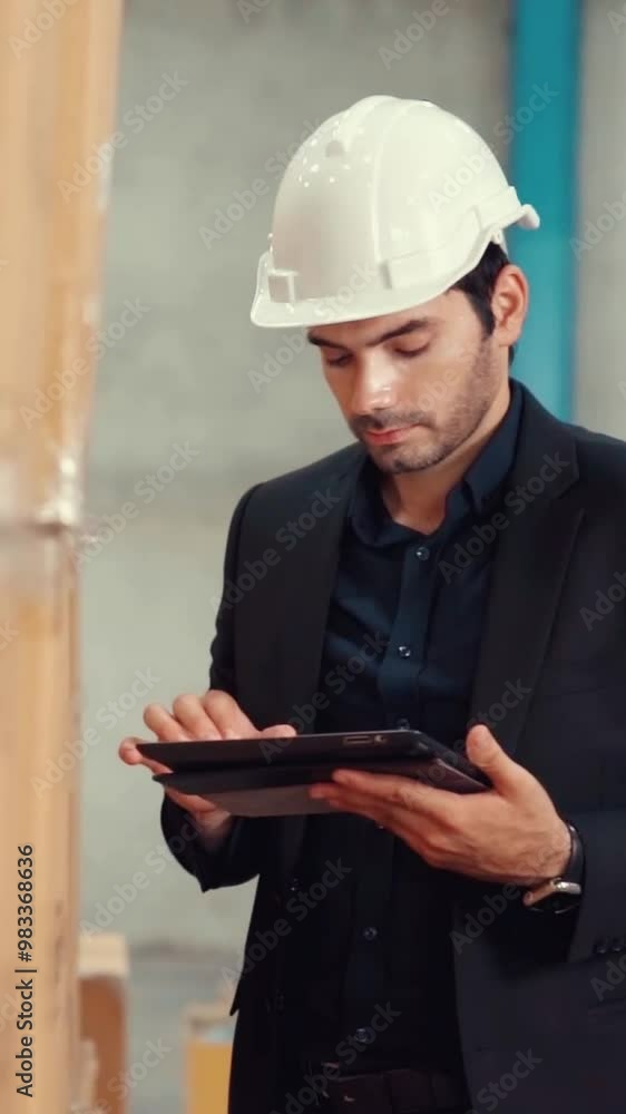 Poster factory manager using tablet computer in warehouse or factory . industry and supply chain management