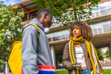 Fototapeta premium Diverse students talking and sharing mobile standing outside the university