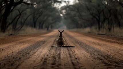 Obraz premium A kangaroo sits on a dirt road, surrounded by lush vegetation and trees, This image can be used for wildlife publications, travel brochures, or educational materials about Australian fauna,