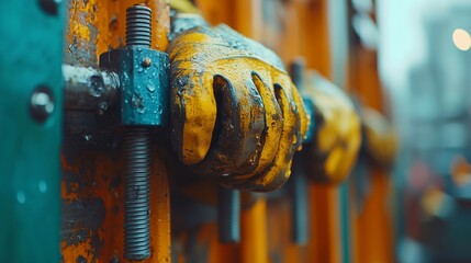 Obraz premium Close-up of a worker’s hands gripping industrial machinery, wearing protective yellow gloves. 