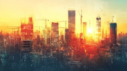 Fototapeta premium Urban Skyline at Sunset with Construction Silhouettes
