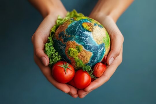 Celebrating World Food Day with a globe made of vegetables and fruits in a person's hands, emphasizing global food awareness and sustainability in an indoor setting