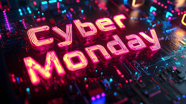A striking visual displays the words Cyber Monday in bold neon colors, set against a backdrop of intricate digital circuitry, capturing the essence of online shopping excitement.