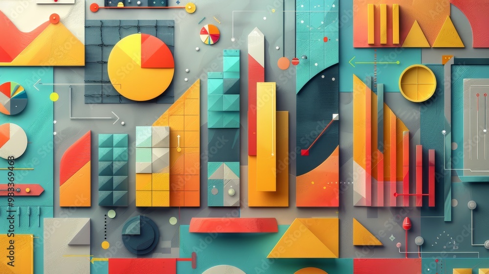 Poster a vibrant abstract composition featuring geometric shapes and colorful patterns against a textured b