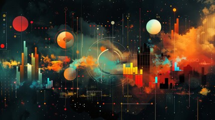 A vibrant digital artwork depicting an abstract cosmic landscape with colorful planets, clouds, and futuristic city elements illuminated against a dark background.