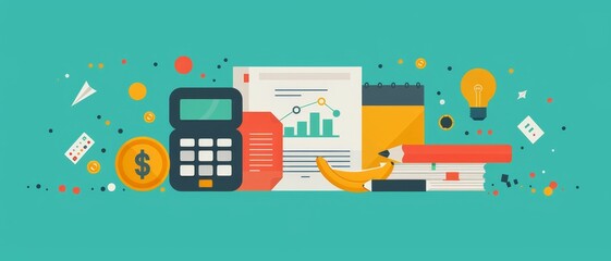 A vibrant illustration depicting financial tools, including a calculator, charts, and educational elements, symbolizing learning and financial literacy.