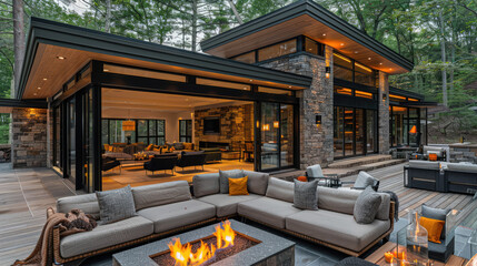 An outdoor-inspired living room with a retractable glass wall, seamlessly blending indoor and outdoor living spaces, and a cozy fire pit for cooler evenings