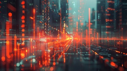 Obraz premium A futuristic cityscape with illuminated red and blue patterns, depicting advanced technology and digital elements in a vibrant urban environment.