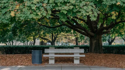 Obraz premium A photo of a concrete bench in a park. The bench is situated near a tree, with lush green leaves. There's a path leading to the bench. The background contains other benches and trees. 