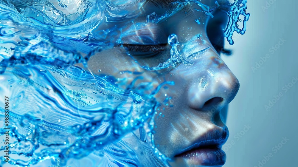 Aufkleber a serene face partially submerged in blue water, creating a tranquil and ethereal effect with flowin