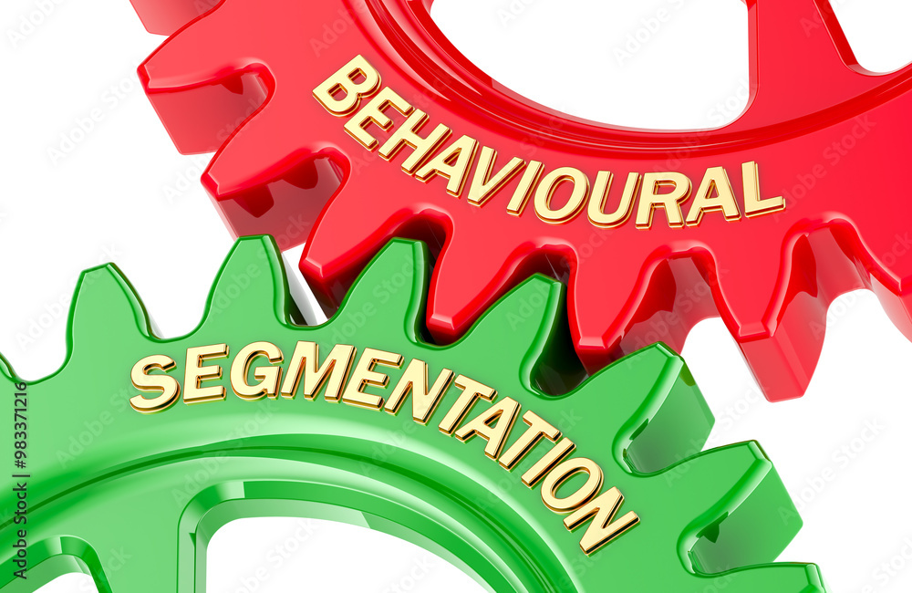 Poster behavioral segmentation concept, with colored gearwheels. 3d rendering isolated on transparent backg