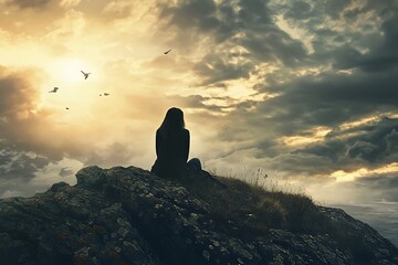 Silhouette of a woman sitting on a cliff during a sunset with birds flying