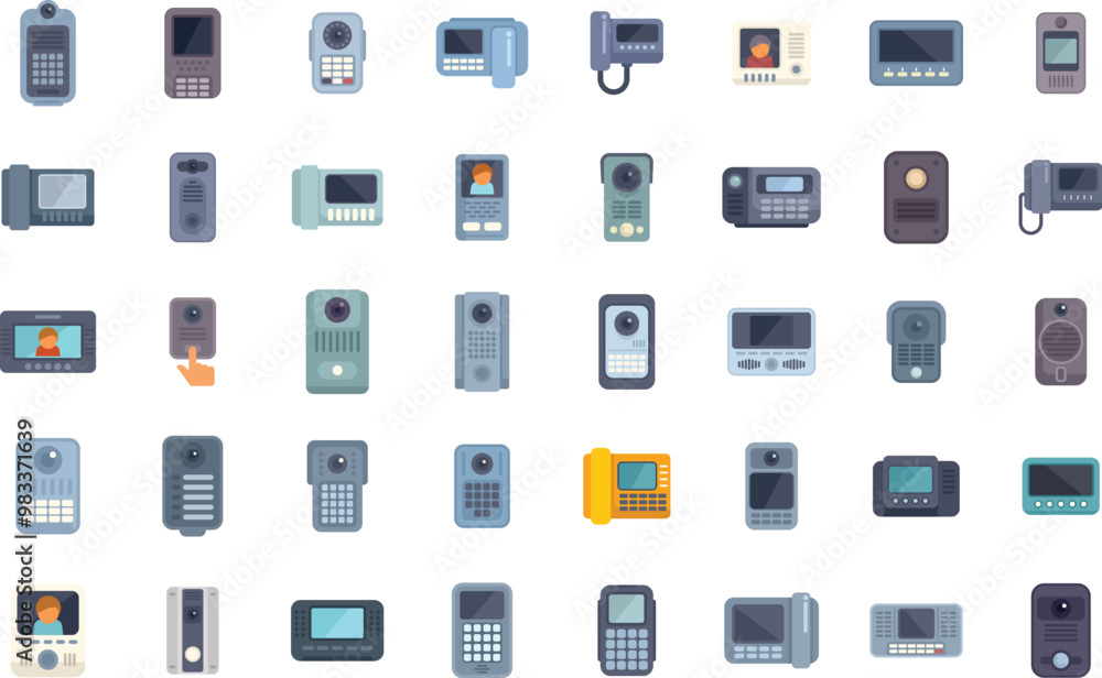Poster large set of modern intercom icons showing different types of intercoms, in a flat design style
