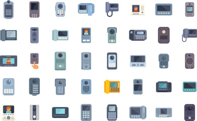 Large set of modern intercom icons showing different types of intercoms, in a flat design style
