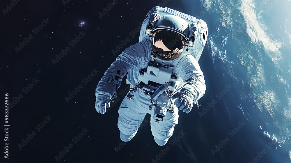 Poster astronaut floating in space, looking at earth from a distance.