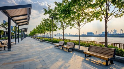 A riverside promenade with benches and coverings made of weather-resistant fiber cement siding, designed for long-term outdoor use