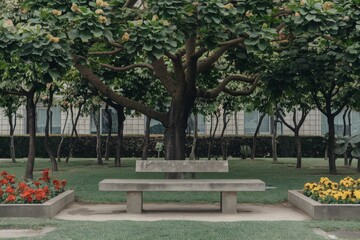 Obraz premium A photo of a concrete bench in a park. The bench is situated near a tree, with lush green leaves. There's a path leading to the bench. The background contains other benches and trees. 