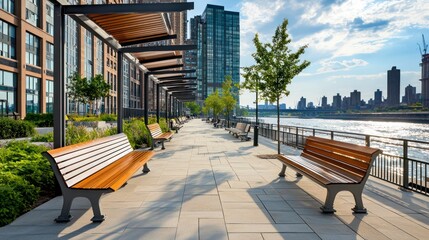 A riverside promenade with benches and coverings made of weather-resistant fiber cement siding, designed for long-term outdoor use