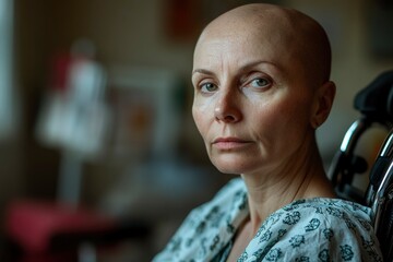 Fototapeta premium Bald Woman in a Wheelchair Looking Directly at the Camera