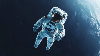 An astronaut floats in space with Earth in the background.